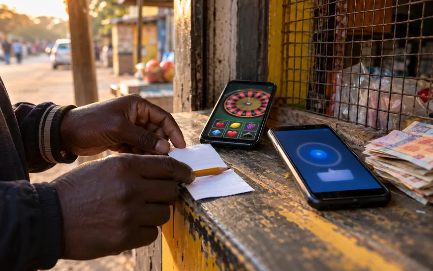 Zambia casino guide research scene with a physical receipt and separate handsets showing abstract roulette and payment screens.