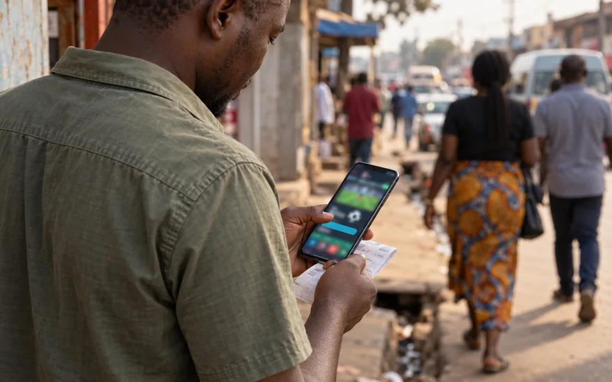 betPawa app source checks illustrated by an adult in Lusaka holding a phone with a blurred betting installation screen near a SIM kiosk