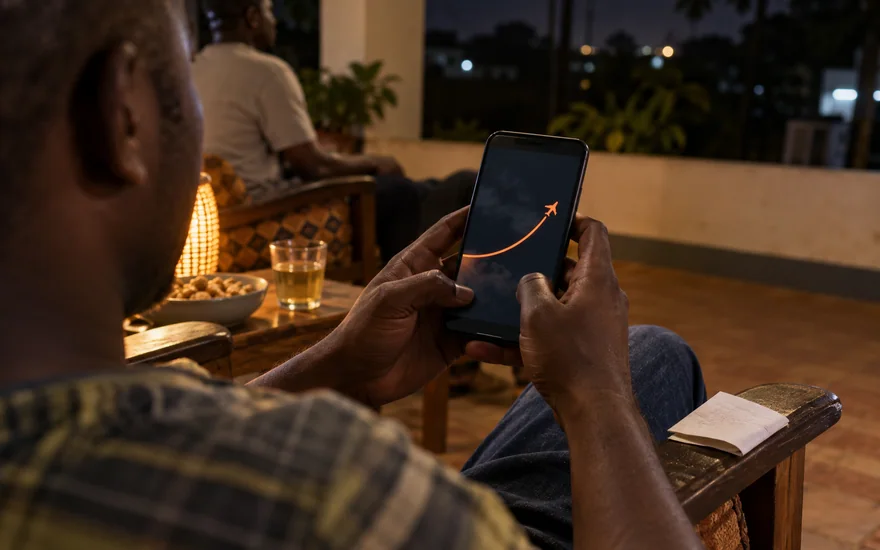 betPawa Aviator scene with a Zambia adult holding a phone showing an abstract aircraft curve on a veranda at night.