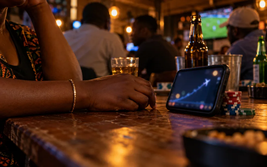 betPawa Aviator illustrated by a blurred aircraft-game phone and unmarked chips on a Zambia bar table.