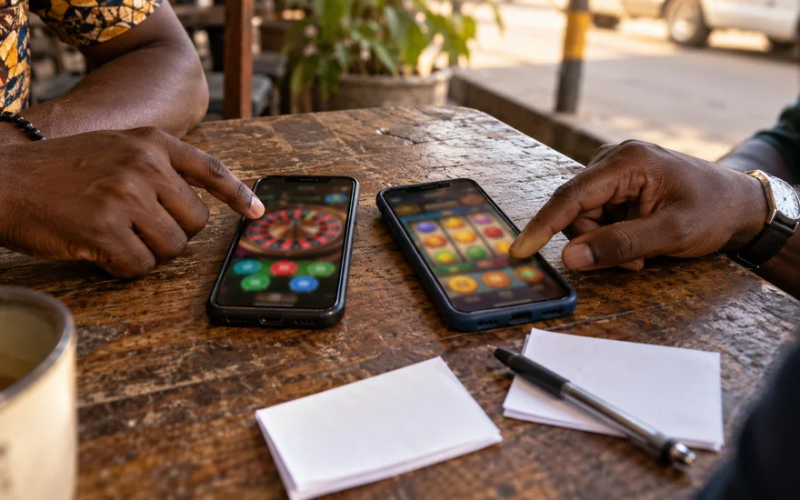 Best online casino comparison in Zambia with two phones showing different blurred casino screens and plain betting records.