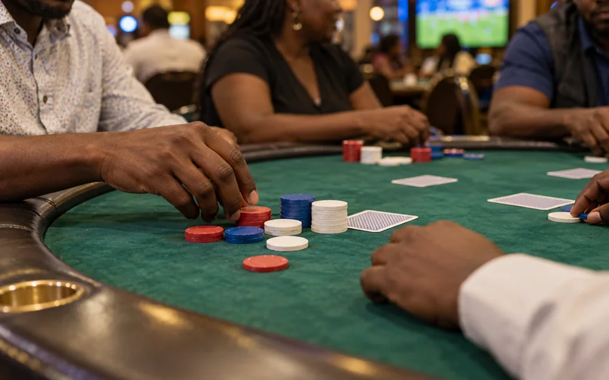 betPawa casino illustrated by adult hands moving unmarked chips beside face-down cards at a Zambia gaming table.