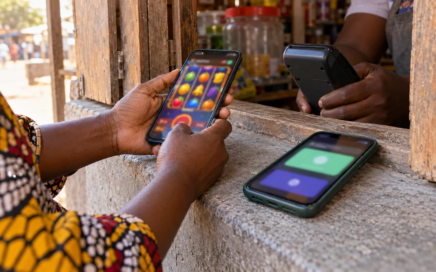 Crypto casino comparison in Zambia with blurred casino and wallet phones at a concrete payment window.