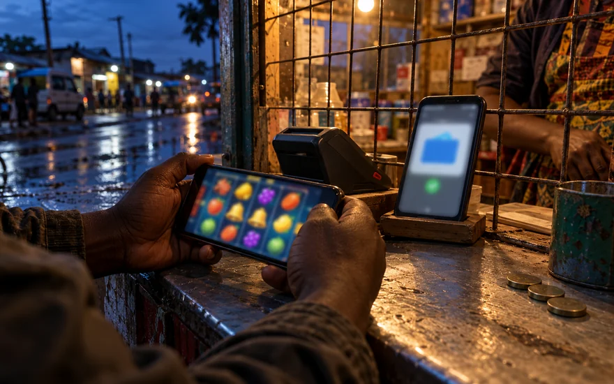 Crypto casino checks in Zambia with a reel phone, wallet phone and reversed terminal at an evening kiosk.