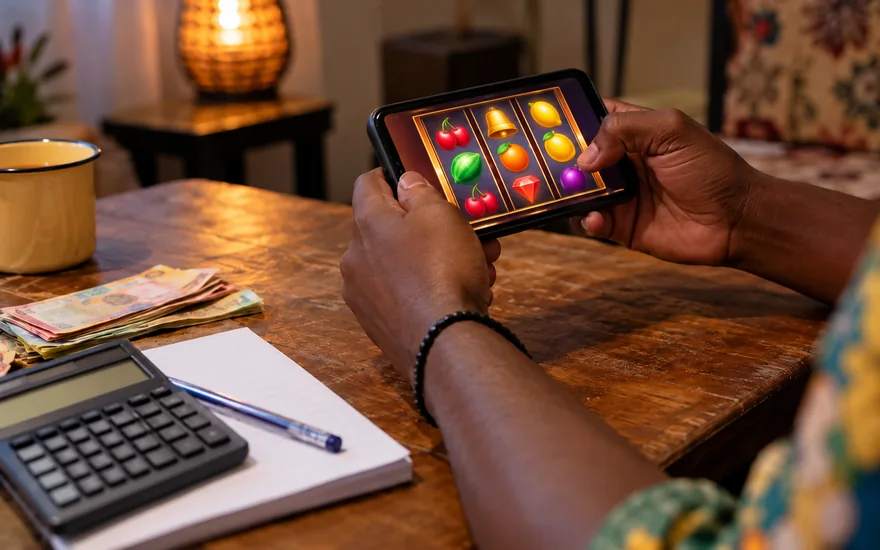 Free spins illustration with fruit-themed reels on a phone beside a coupon.