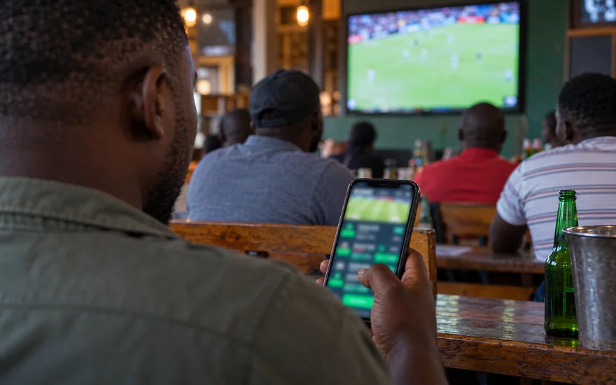betPawa Zambia illustrated by an adult checking a blurred betting phone in a Lusaka sports bar, with a match screen in the background.