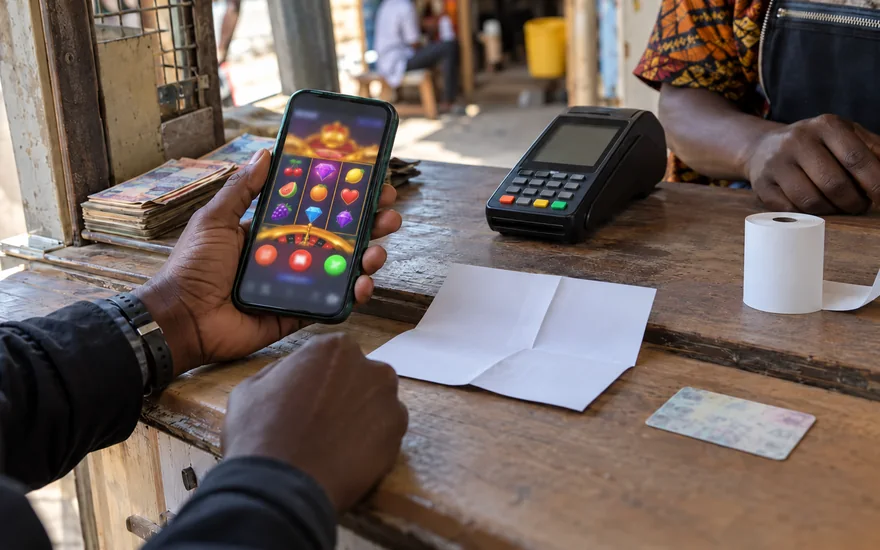 is betpawa legal in zambia guide showing a closed casino cashier window with chips, face-down cards and a blurred betting receipt in the foreground.