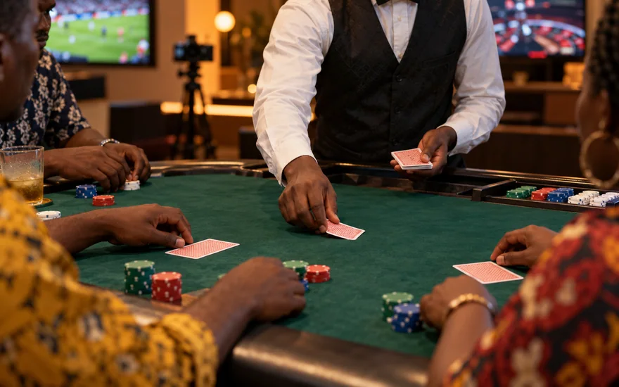betPawa live casino scene with a local dealer's hands, face-down cards and unmarked chips at a Zambia table.