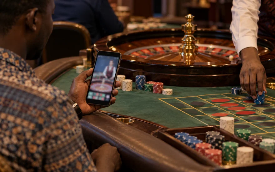 betPawa live casino illustrated by a blurred dealer phone beside a roulette table and croupier.
