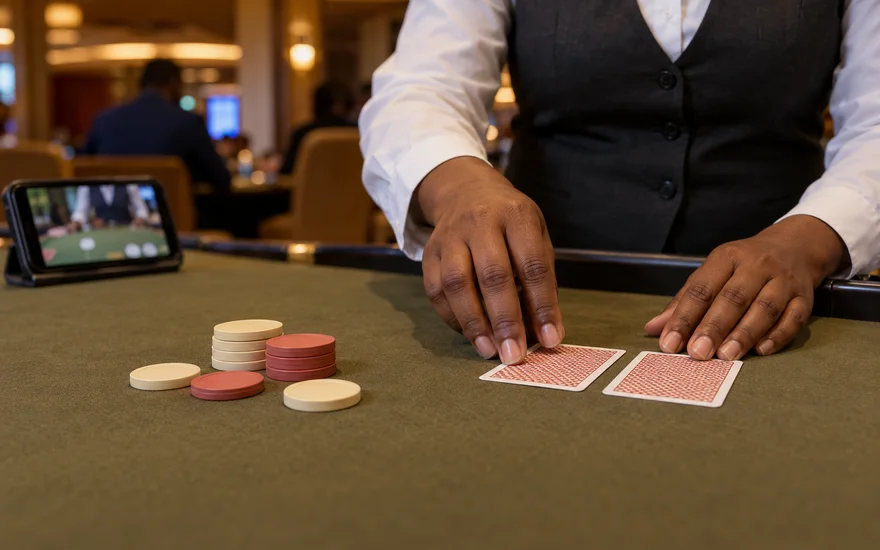Best live casino comparison with dealer hands, cards, plain chips and a blurred table phone on olive felt in Zambia.