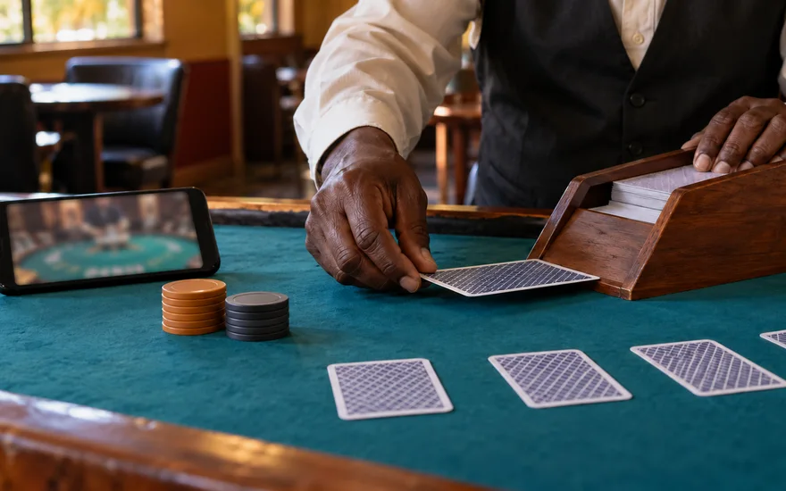 Best live casino checks with a card shoe, dealer hands, plain chips and a blurred table phone on teal felt in Zambia.
