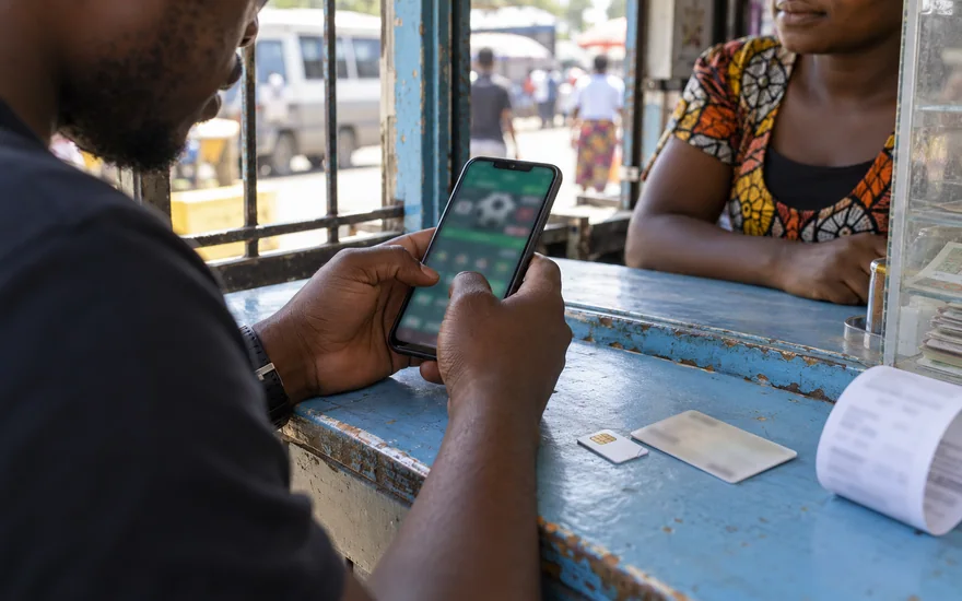 betPawa Zambia login illustrated by an adult in Lusaka holding a phone with a blurred betting access screen beside a SIM counter