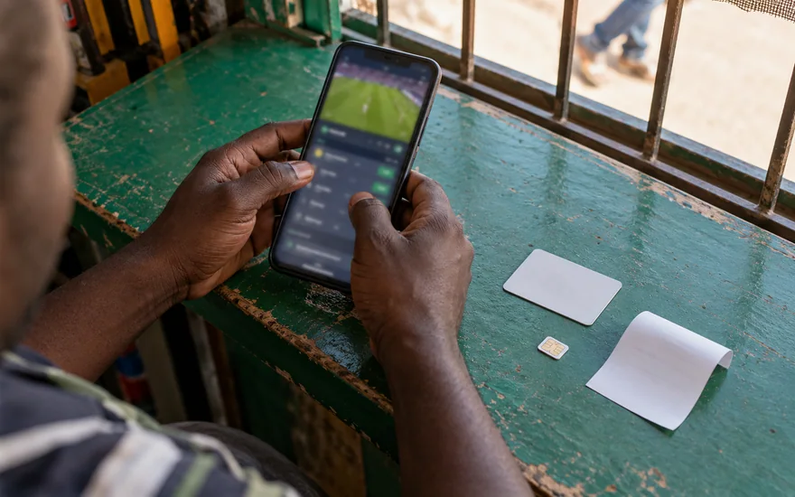 betPawa Zambia login account checks with a phone, an unreadable identity card and a betting slip on a local kiosk counter