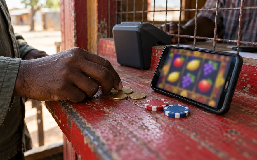 Low deposit casino comparison with blank coins, unmarked chips and a reel phone on a red Zambia agent counter.