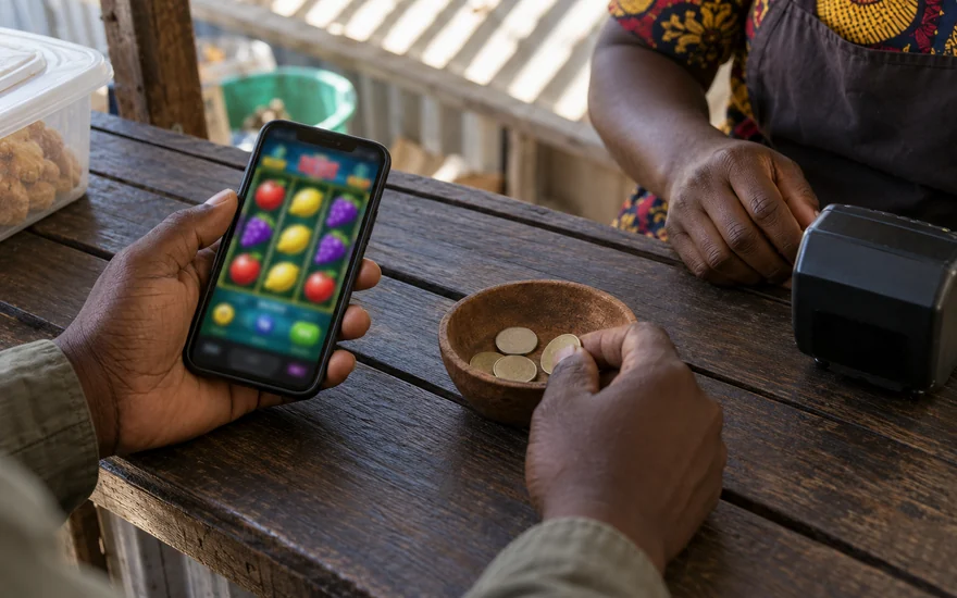 Low deposit casino checks with a coin cup and a reel phone beside a terminal at a Zambia timber counter.