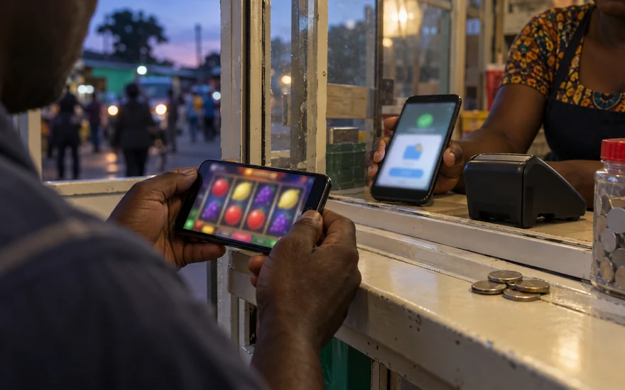 Mobile money casino Zambia checks with a casino phone and agent wallet phone across a glass kiosk partition.