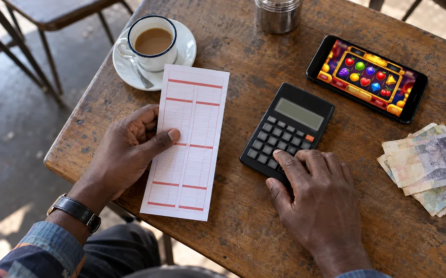 No deposit bonus illustration with a blank coupon, calculator and blurred slot phone.
