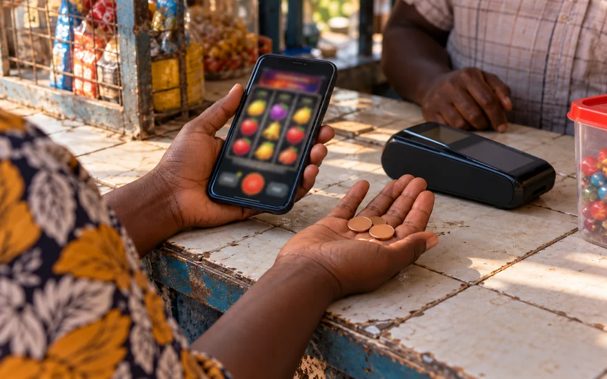 1 dollar deposit casino comparison with blank coins, a blurred casino phone and a terminal at a Zambia kiosk.