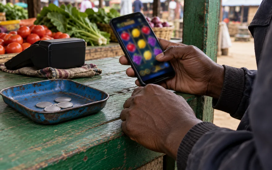 1 dollar deposit casino enquiry with blank coins on a tray beside a casino phone and reversed terminal in Zambia.