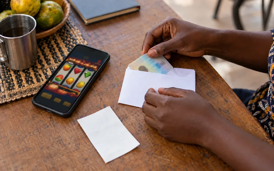 Zambia casino guide privacy policy illustrated by an unreadable identity card being protected in an envelope beside a slot phone.