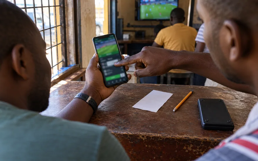 betPawa promo code checks illustrated by a Zambian adult comparing an unreadable betting coupon with a blurred phone offer screen