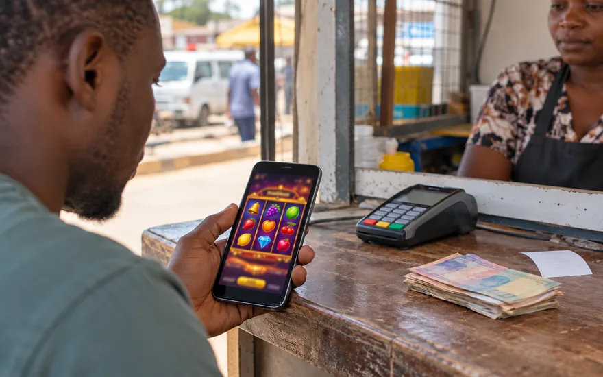Online casino real money illustrated by a Zambia adult checking a blurred game phone beside unreadable local cash.