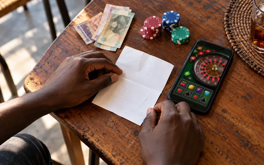Online casino real money scene with a blurred roulette phone, chips and blank betting coupon on a Zambia table.