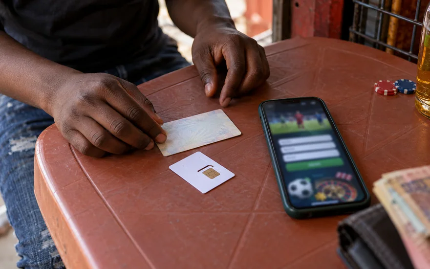 betPawa registration preparation at a Lusaka SIM kiosk with a glowing betting phone, blank document sleeve and unreadable betting slip