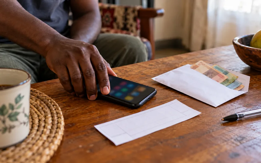 Responsible gambling Zambia illustration showing a betting phone being put aside beside a cash envelope and a plain coupon.