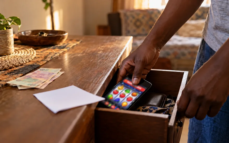 Responsible gambling Zambia scene with an adult storing a casino phone away from the table beside unreadable cash and a betting receipt.