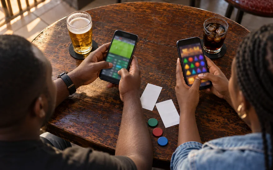 betPawa review comparison scene with two blurred betting screens and unmarked coupons on a table in a Zambian sports bar.