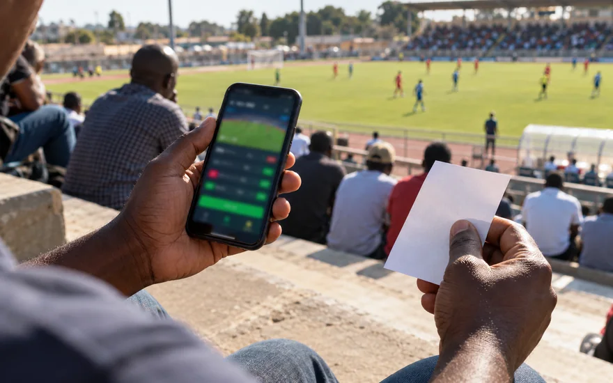 betPawa sports illustrated by a betting phone and blank ticket beside a Zambia football pitch.
