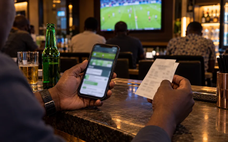 betPawa customer care preparation with a blurred betting account message on a phone beside an unmarked payment receipt in a Zambian kiosk.
