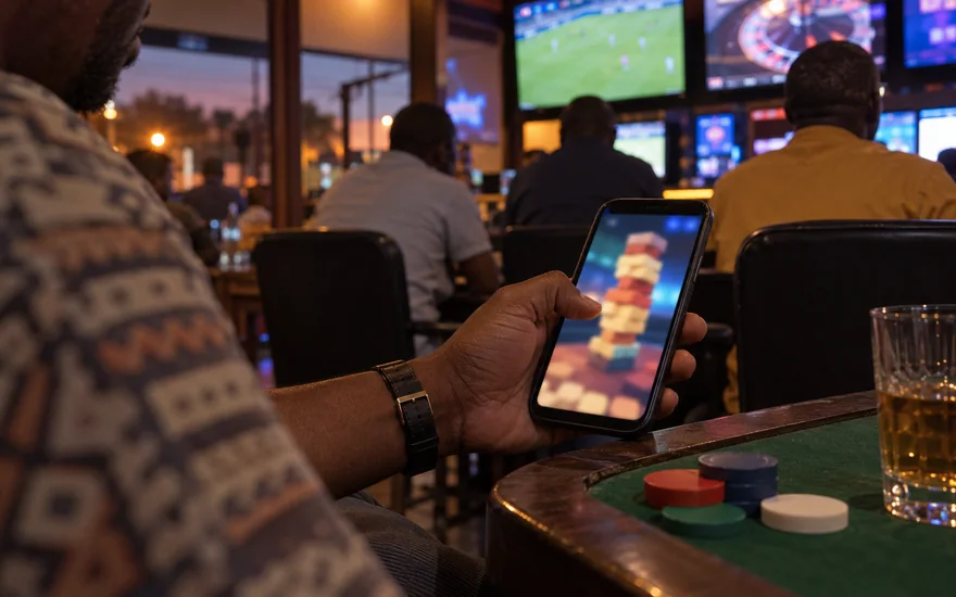 Tower Rush Zambia illustrated by a local adult viewing a blurred tower-stacking phone beside casino chips.