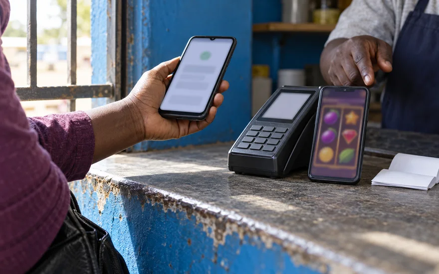 USDT casino comparison illustrated by a blank payment terminal, a blurred transfer phone and fruit-and-gem slot reels at a Lusaka agent counter.