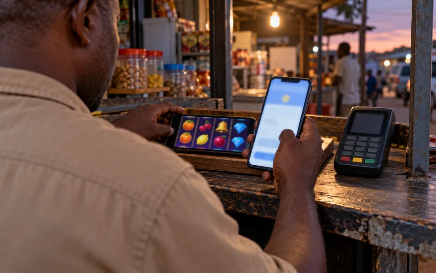 USDT casino comparison scene with an adult checking a blurred transfer screen beside a fruit-slot phone and plain terminal at a Zambia shop counter.