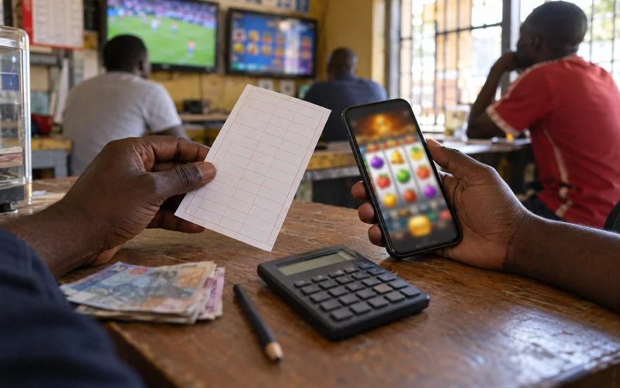 betPawa bonus scene with a coupon, calculator and blurred casino phone on a local counter.