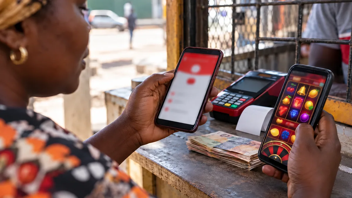 Betting phone and Airtel payment context at a Zambia kiosk.