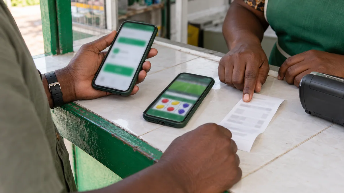 Two blurred wallet and betting phones beside a receipt while an agent checks a missing deposit.