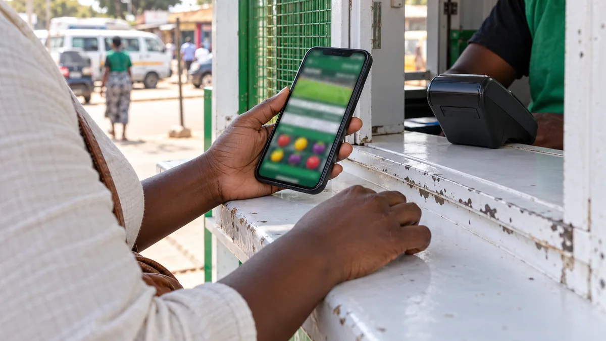 Adult checking a blurred betting phone at a white and green Zambia payment kiosk.
