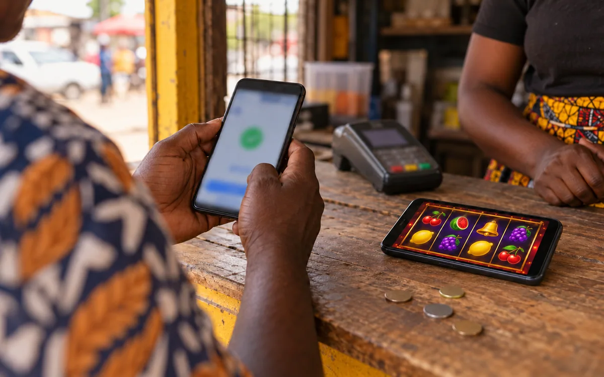 Payment terminal and betting-phone records at a Zambia counter.