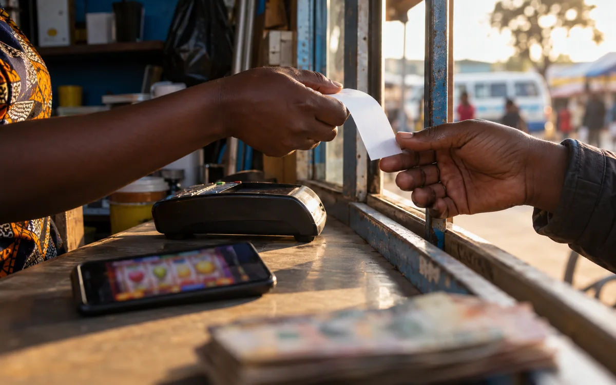 Payment terminal and betting-phone records at a Zambia counter.