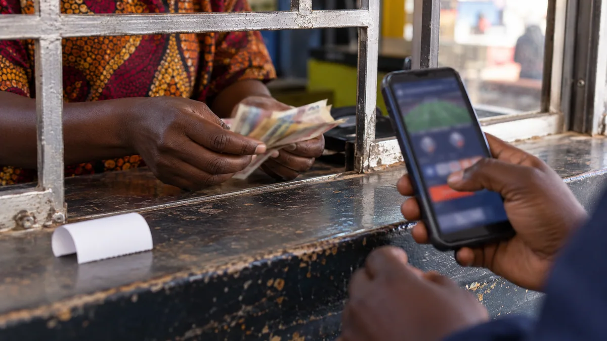 betPawa withdrawal guide with a Zambian payment agent counting indistinct banknotes behind a cashier window beside a terminal.