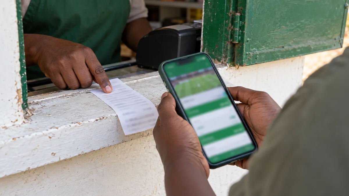 Adult checking a blurred betting phone and an unreadable withdrawal receipt at a Zambia cashier window.