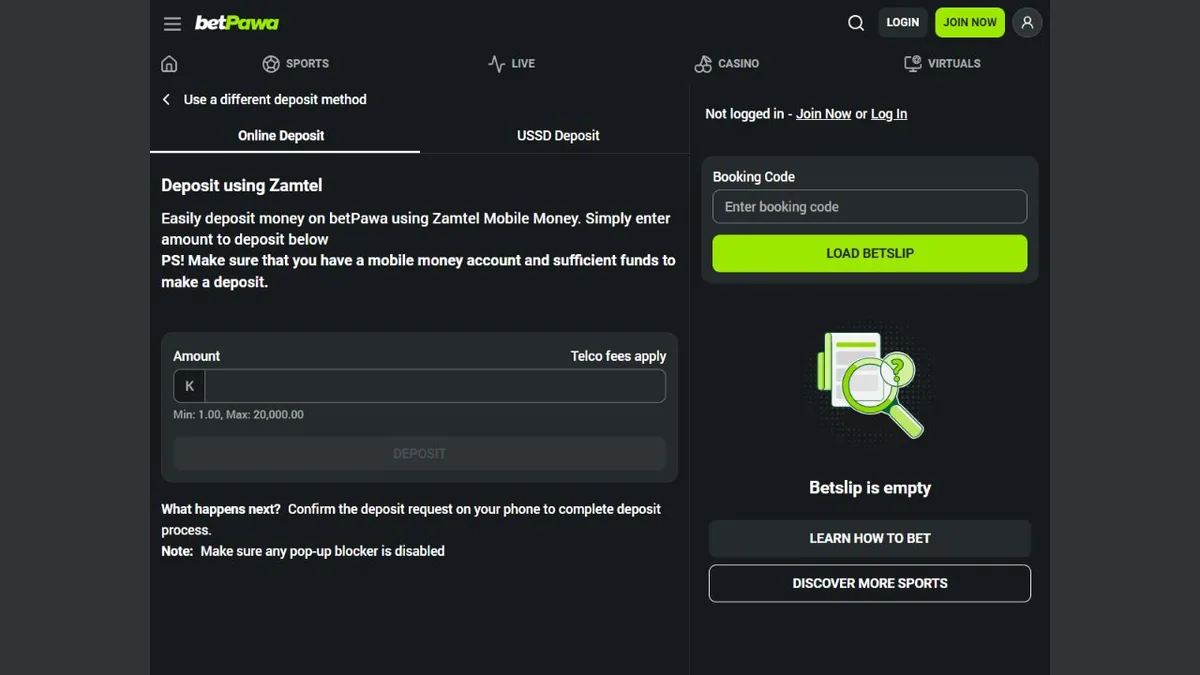 Zamtel public online deposit form showing its amount helper.