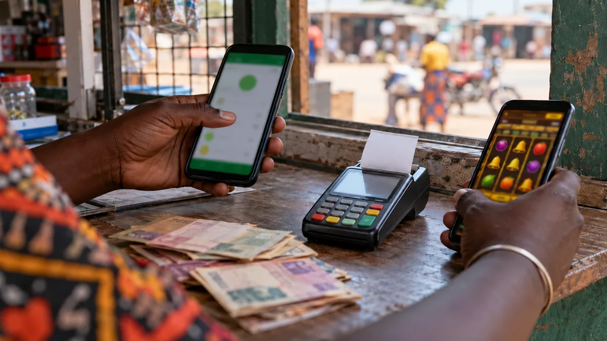 Zamtel payment context at a local counter with a betting phone.