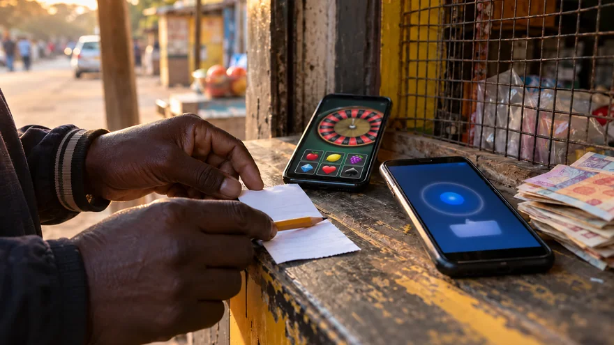 Zambia casino guide research scene with a physical receipt and separate handsets showing abstract roulette and payment screens.