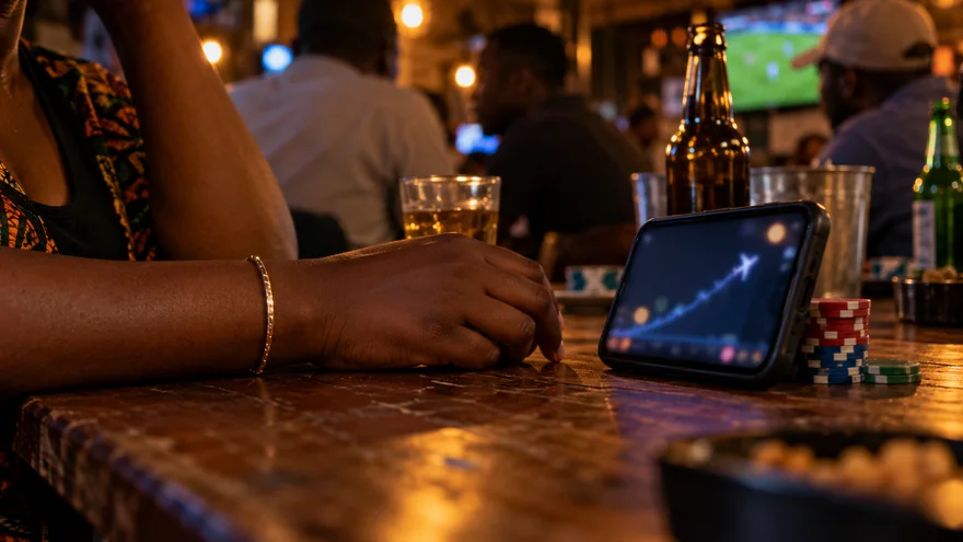 betPawa Aviator illustrated by a blurred aircraft-game phone and unmarked chips on a Zambia bar table.