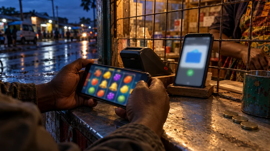 Crypto casino checks in Zambia with a reel phone, wallet phone and reversed terminal at an evening kiosk.