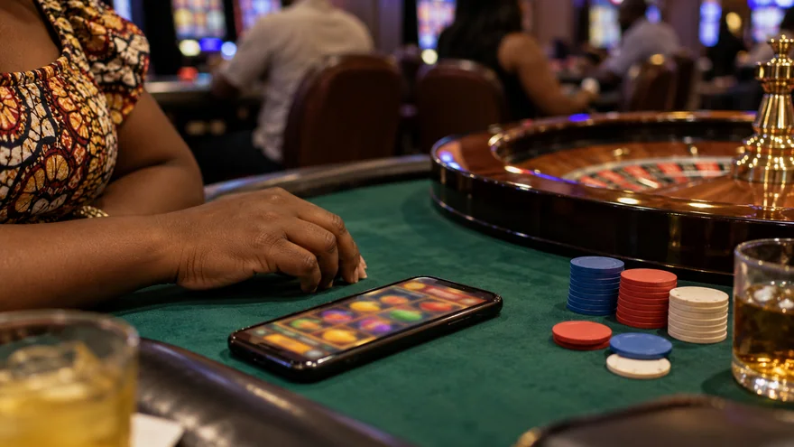 betPawa Zambia casino scene with a blurred slot phone, plain chips and a roulette wheel beside an adult player's hand.